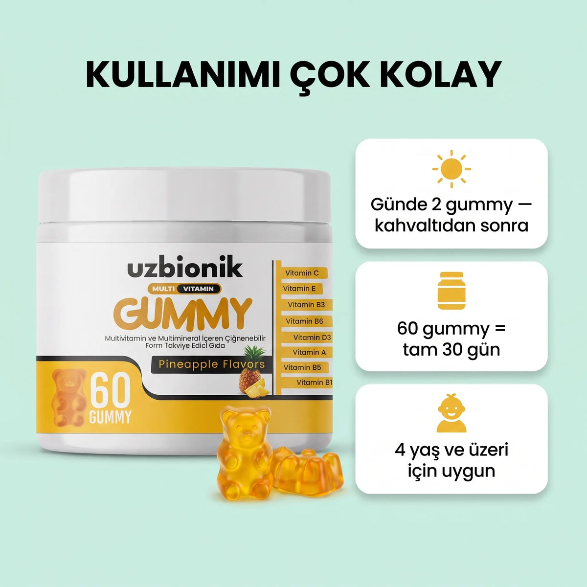 1 Adet  Ananas Aromalı Uzbionik Gelişim Destekleyici Multivitamin