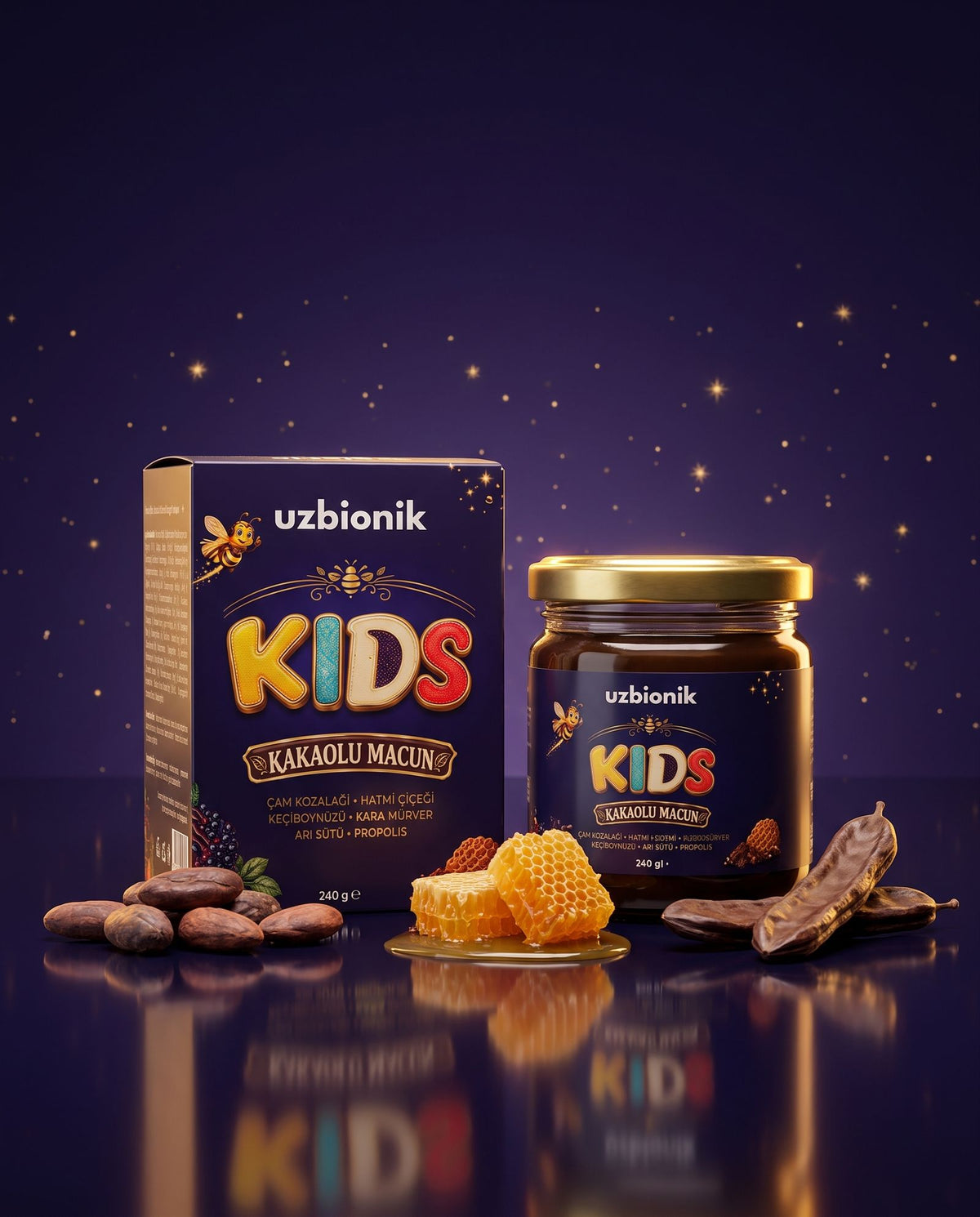 uzbionik KIDS Kakaolu Macun kutu, kavanoz, kakao çekirdeği, petek bal ve keçiboynuzu