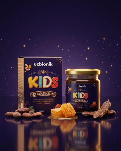 uzbionik KIDS Kakaolu Macun kutu, kavanoz, kakao çekirdeği, petek bal ve keçiboynuzu
